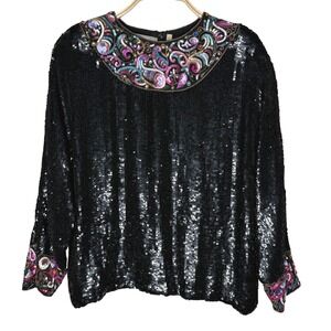 Donnatella Black Sequin Beaded Collar Long Sleeve Silk Blouse Top Women's Sz L*